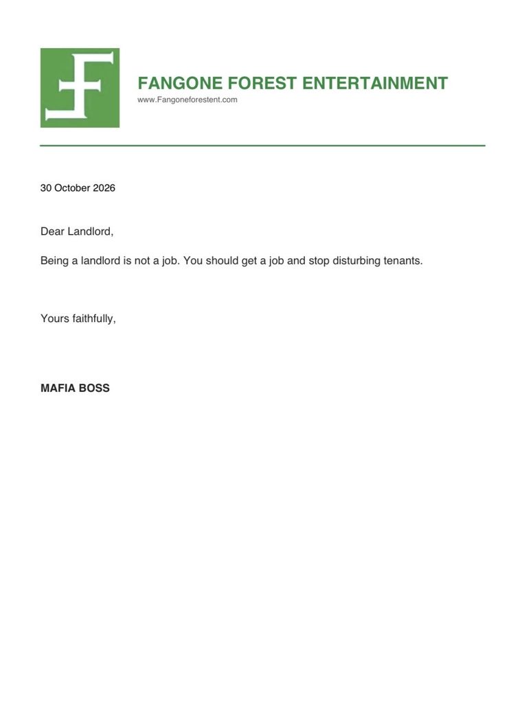 Letter from Alien Skin to his landlord
